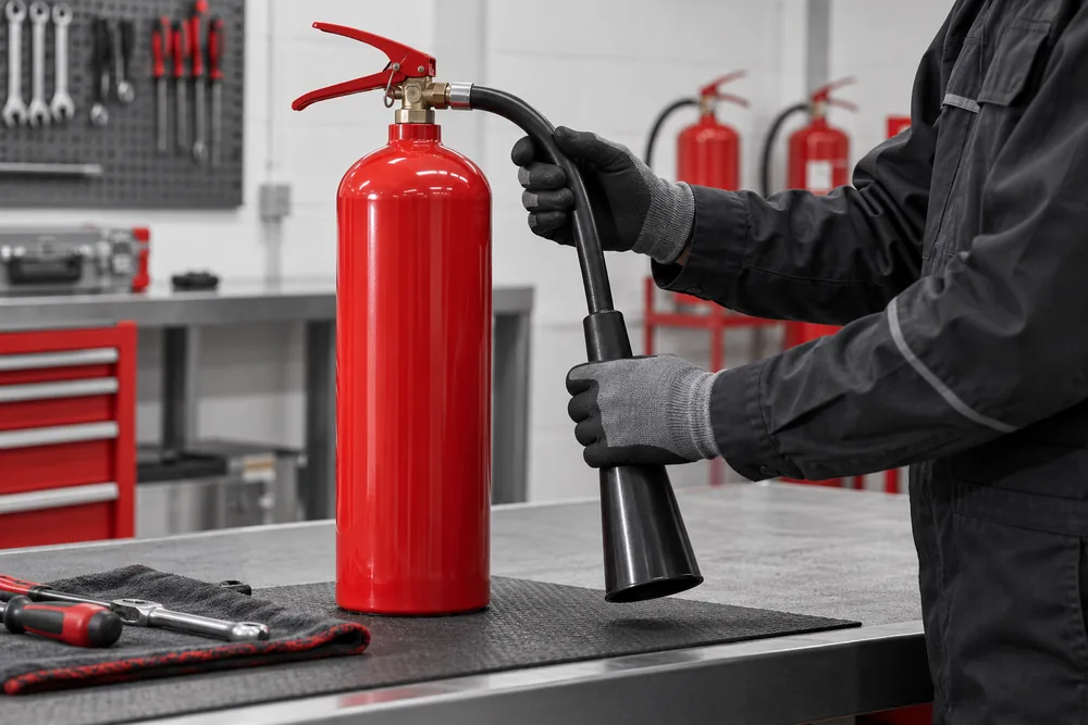 Gloved hands inspecting the discharge equipment of a portable extinguisher