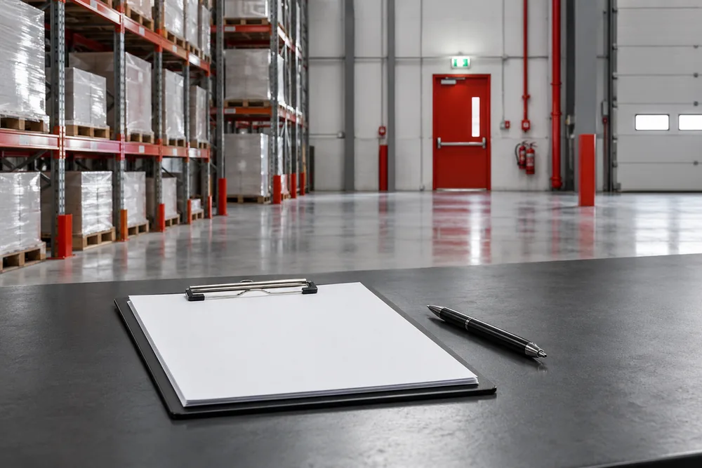 Blank assessment clipboard overlooking a commercial warehouse